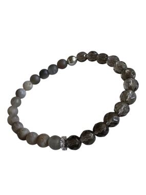 NEW Cocoa Moonstone & Smoky Quartz 6mm Beaded Stretch Bracelet Silver Pave